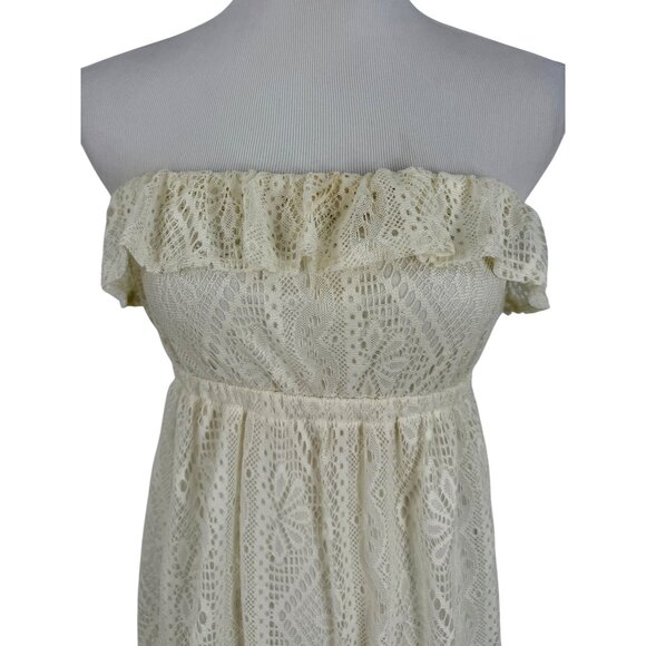 Vtg F21 Cream Lace Ruffle Hem Strapless Maxi Dress | Y2K Coquette Coastal Boho S - Picture 3 of 16